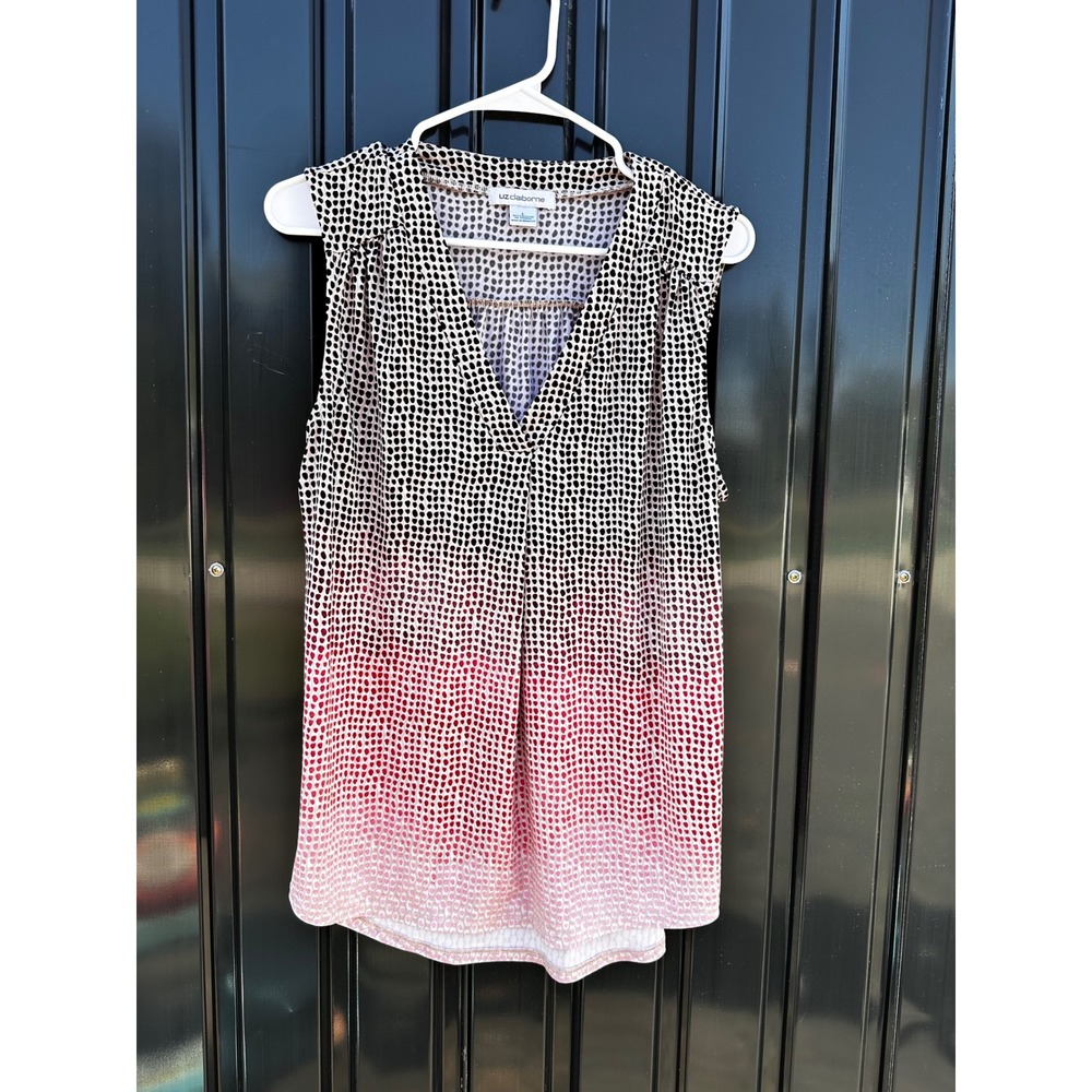 Liz Claiborne Womens Ombre Dot Sleeveless V-Neck Blouse Pink Black White Large